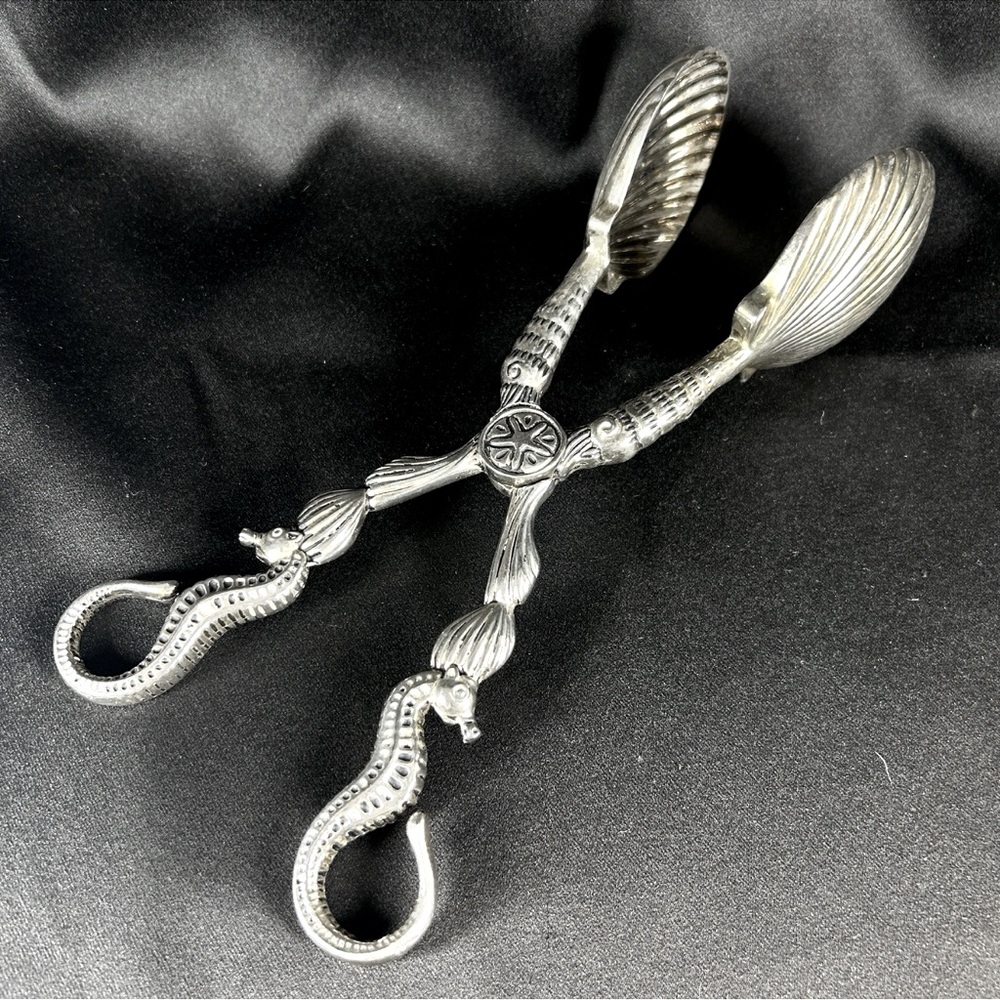 Godinger Silver Seahorse & Clam Shell Salad/Serving Tongs 11” Nautical
